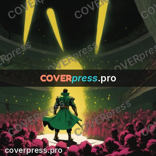 Pop art illustration: figure in green on a stage