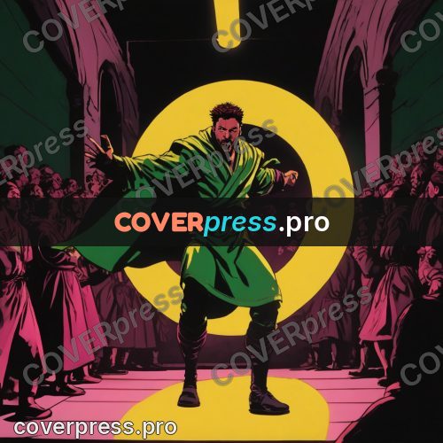 Pop art illustration: figure in green on a stage