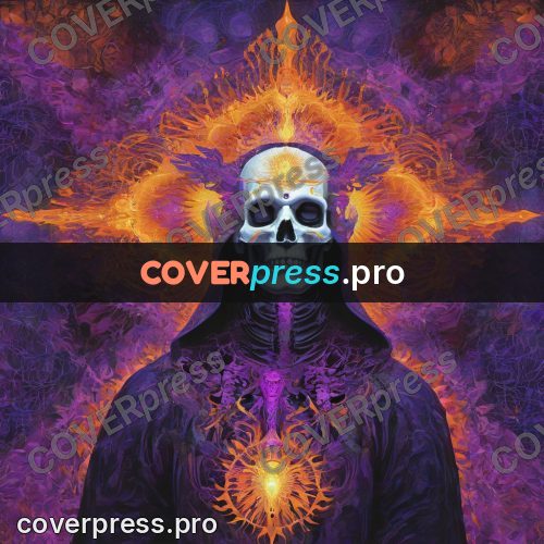 Psychedelic illustration: skull in a hood with rays