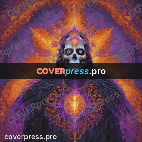Psychedelic illustration: skull in a hood with rays