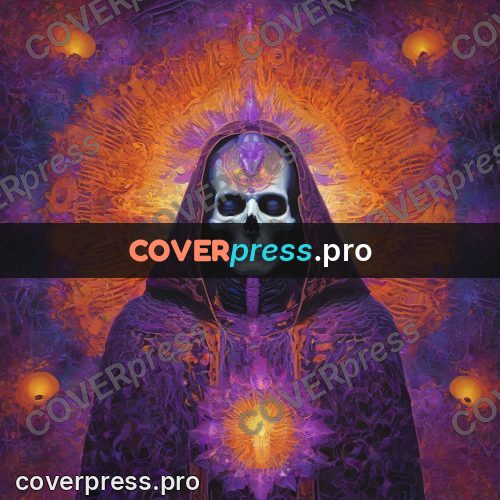 Psychedelic illustration: skull in a hood with rays