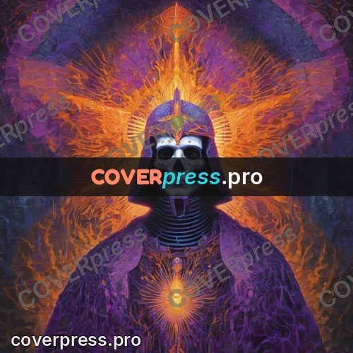 Psychedelic illustration: skull in a hood with rays