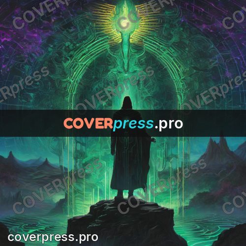 Psychedelic illustration: cloaked figure on a rock
