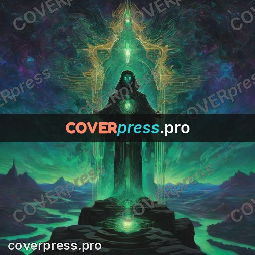 Psychedelic illustration: cloaked figure on a rock