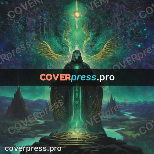 Psychedelic illustration: cloaked figure on a rock