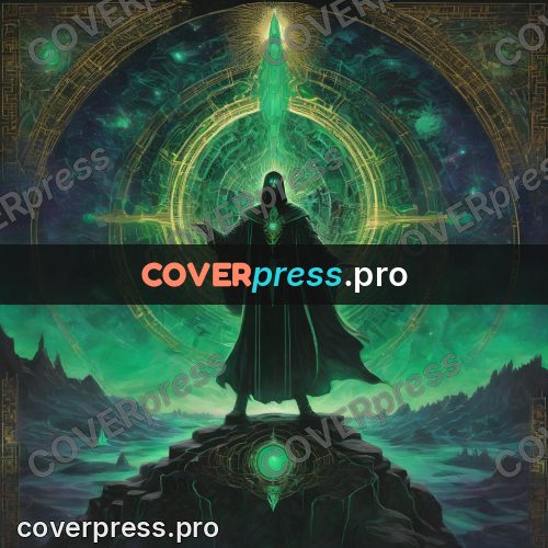 Psychedelic illustration: cloaked figure on a rock