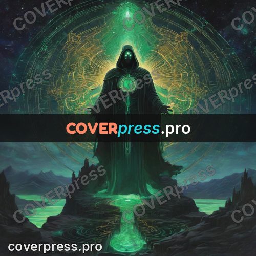 Psychedelic illustration: cloaked figure on a rock