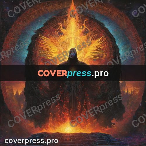 Psychedelic illustration: robed figure at a fiery ring