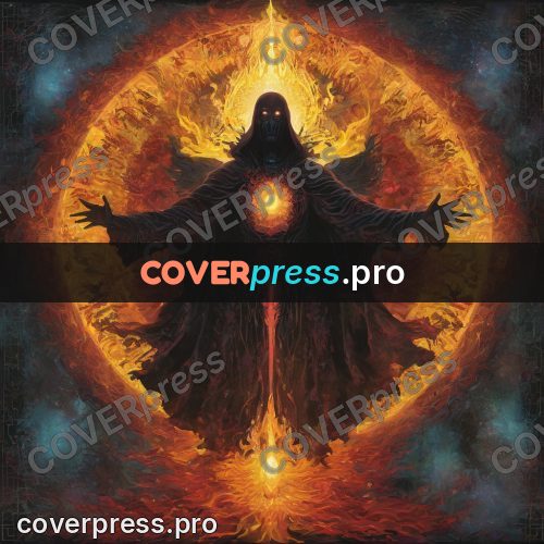 Psychedelic illustration: robed figure at a fiery ring