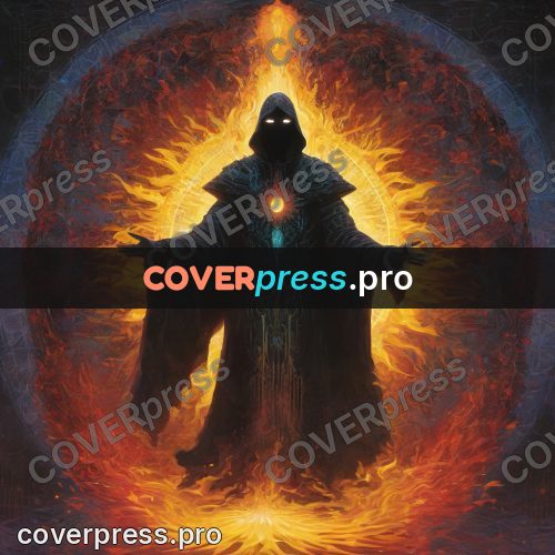 Psychedelic illustration: robed figure at a fiery ring