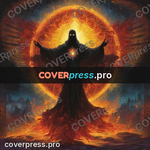 Psychedelic illustration: robed figure at a fiery ring
