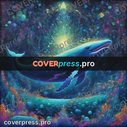 Psychedelic illustration: whale in glowing water