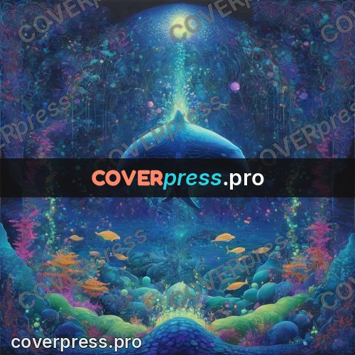 Psychedelic illustration: whale in glowing water