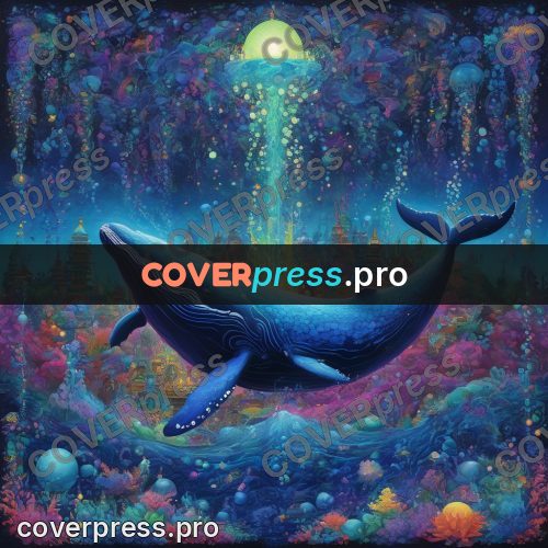 Psychedelic illustration: whale in glowing water
