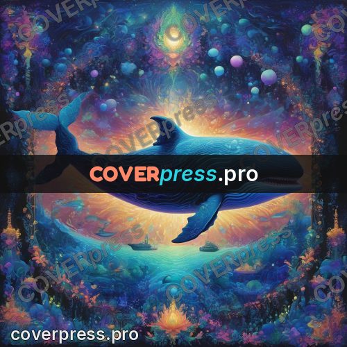 Psychedelic illustration: whale in glowing water