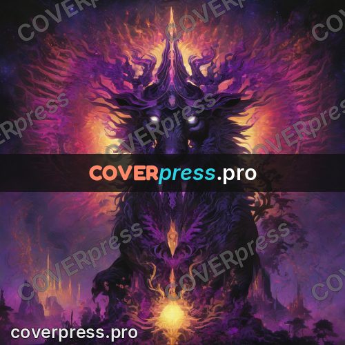 Psychedelic illustration: horned beast in violet radiance