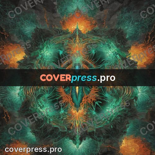 Psychedelic illustration: green rosette with orange flares
