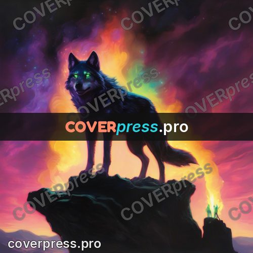Psychedelic illustration: wolf on a rock at night