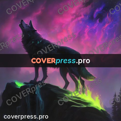 Psychedelic illustration: wolf on a rock at night