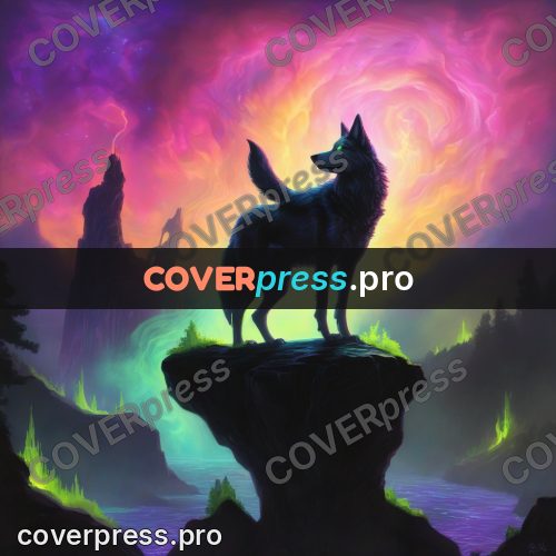Psychedelic illustration: wolf on a rock at night