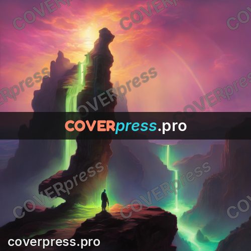 Psychedelic illustration: cliff with a glowing waterfall