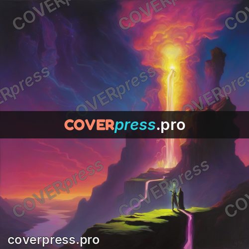 Psychedelic illustration: cliff with a glowing waterfall