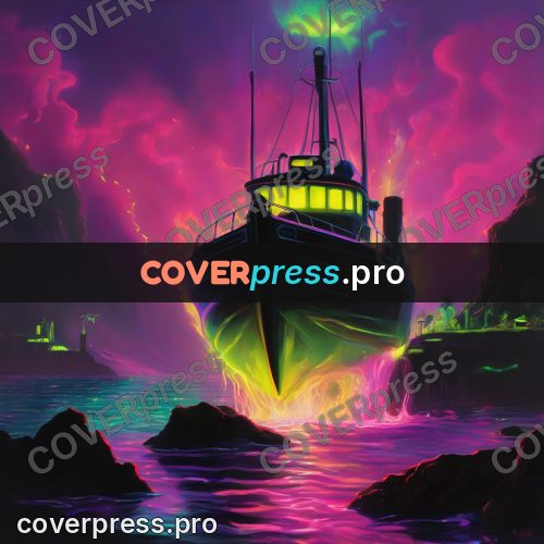 Psychedelic illustration: boat on glowing water