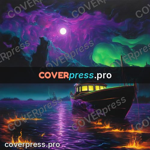Psychedelic illustration: boat on glowing water