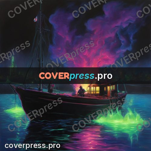 Psychedelic illustration: boat on glowing water