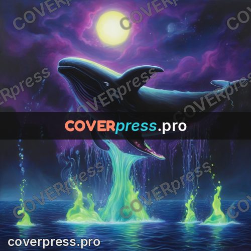 Psychedelic illustration: whale above glowing water