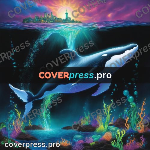 Psychedelic illustration: whale above glowing water
