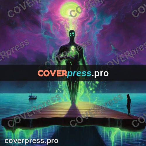 Psychedelic illustration: glowing figure on a jetty