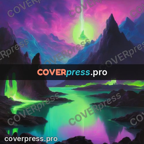 Psychedelic illustration: mountain lake with a glow