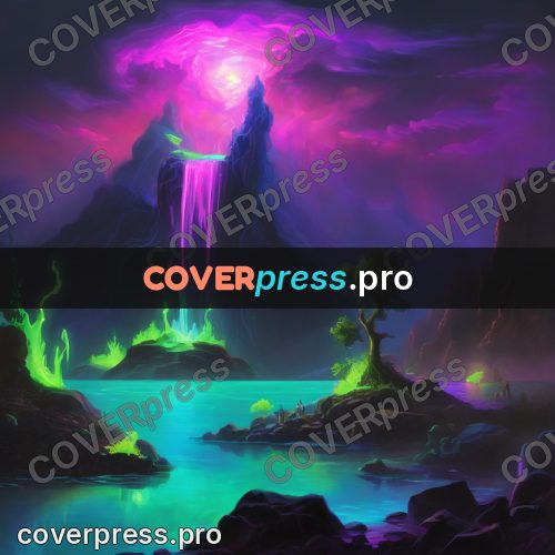 Psychedelic illustration: mountain lake with a glow