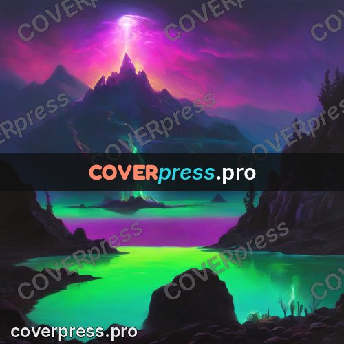 Psychedelic illustration: mountain lake with a glow