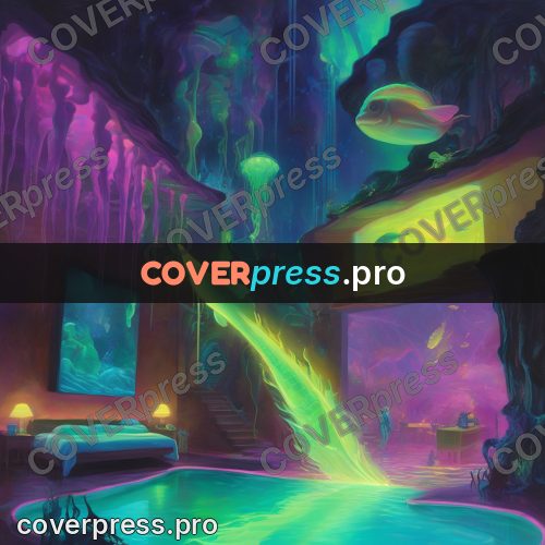 Psychedelic illustration: glowing water with fish