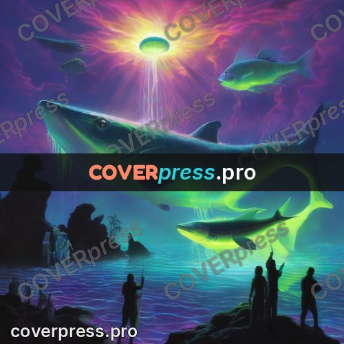 Psychedelic illustration: glowing water with fish