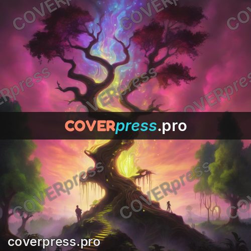 Psychedelic illustration: tree with burning cracks