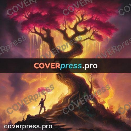 Psychedelic illustration: tree with burning cracks