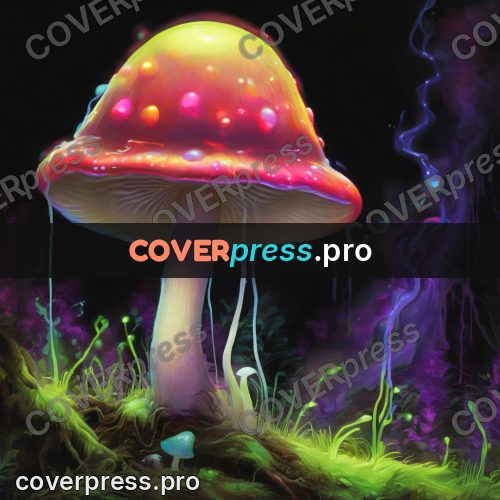 Psychedelic illustration: glowing mushroom on moss