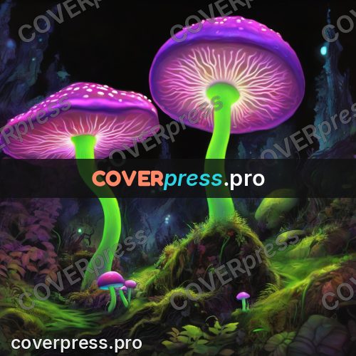 Psychedelic illustration: glowing mushroom on moss