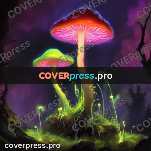 Psychedelic illustration: glowing mushroom on moss