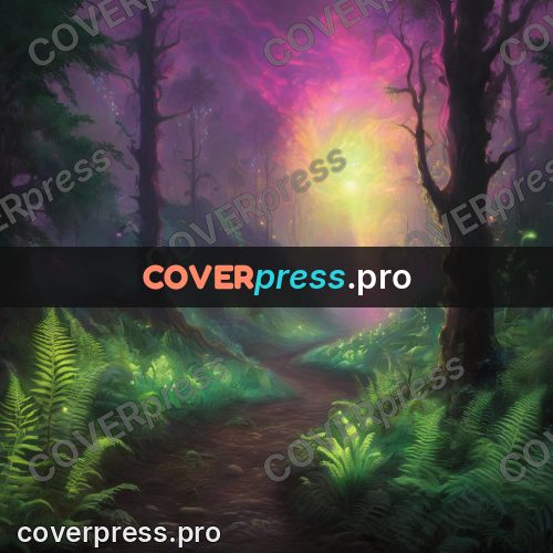 Psychedelic illustration: forest path with glowing spores