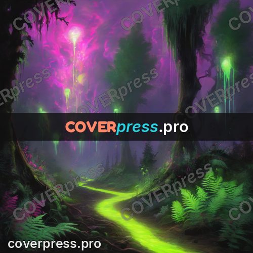 Psychedelic illustration: forest path with glowing spores