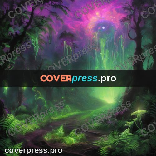 Psychedelic illustration: forest path with glowing spores