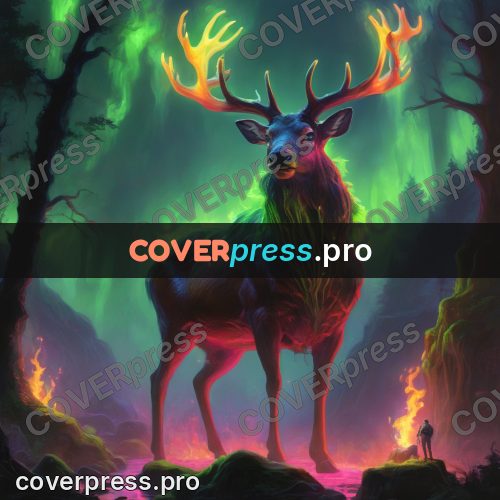 Psychedelic illustration: stag with burning antlers in forest