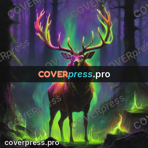 Psychedelic illustration: stag with burning antlers in forest