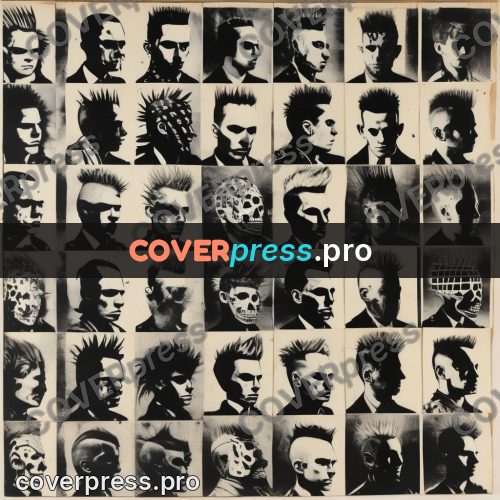 Punk illustration: grid of heads with skull faces