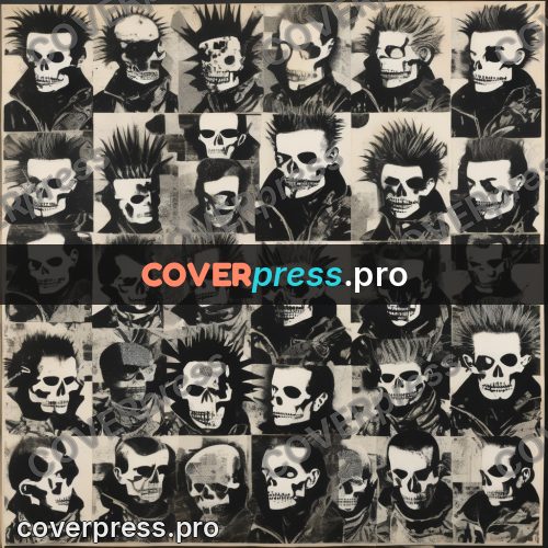Punk illustration: grid of heads with skull faces
