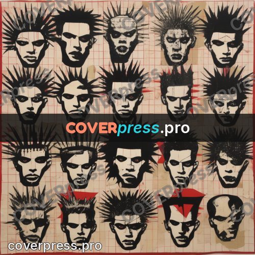 Punk illustration: grid of faces and red stars